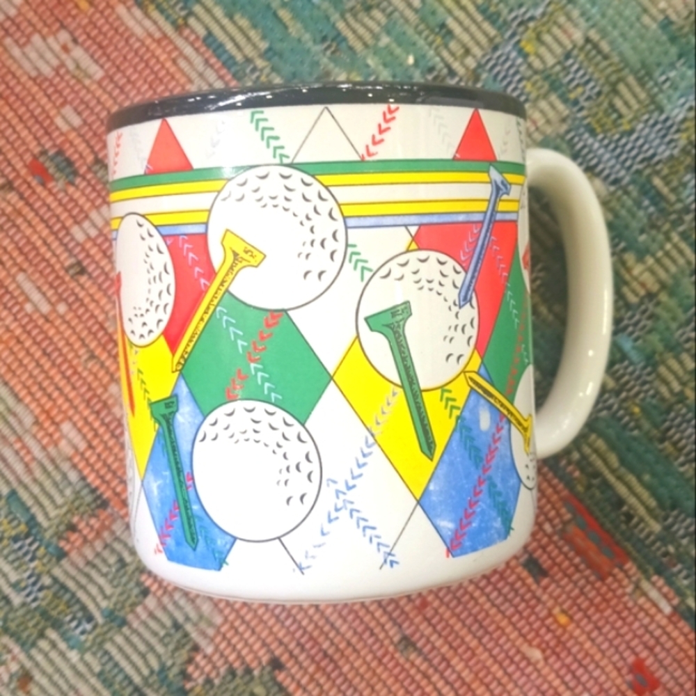 Vintage 1992 Golf Ball Tee Plaid Ceramic White Red Blue Yellow Green Black Mug